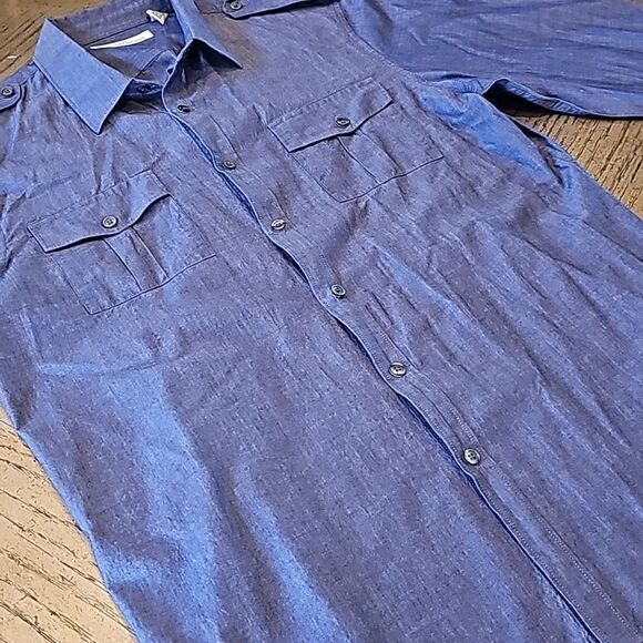 Mens denim blue button down shirt size L Kenneth Cole - Picture 2 of 9